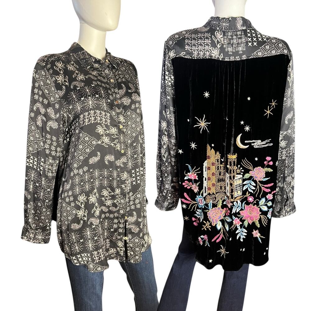 Johnny Was Black Gray Embroidered Velvet Back Tunic with Pink Floral